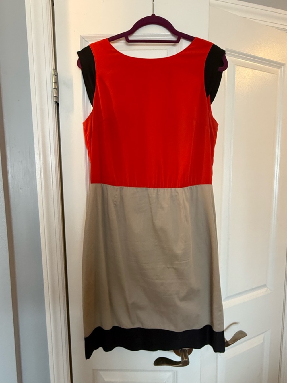 Tahari Red, Beige and Black Sleeveless Colorblock Sheath Dress